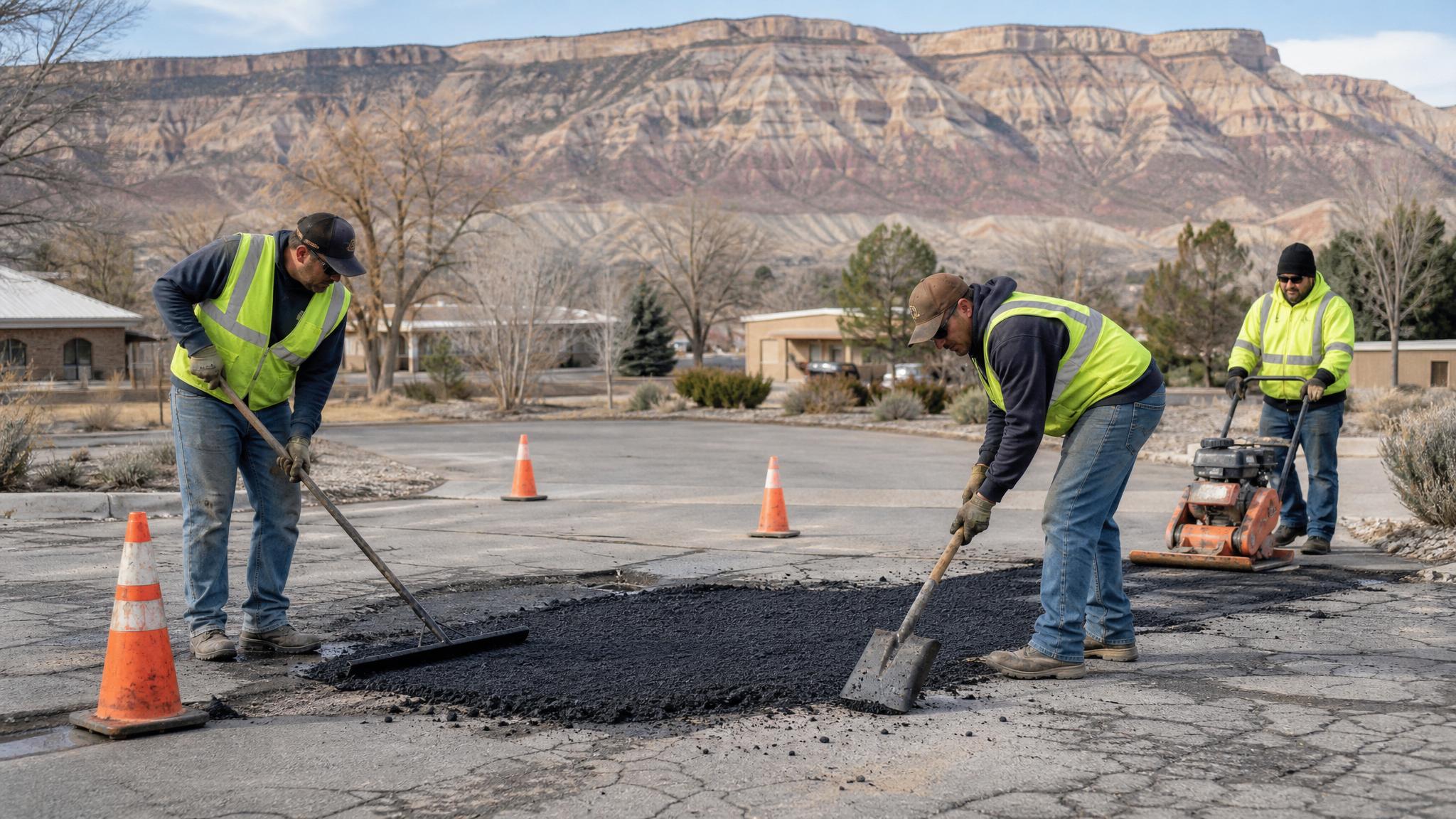Asphalt repair crew patching pavement in Western Colorado